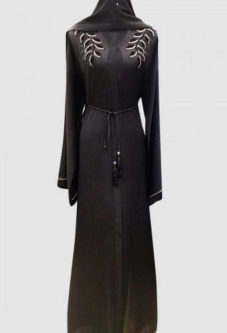 BLACK VELVET LEAF BEAD ABAYA