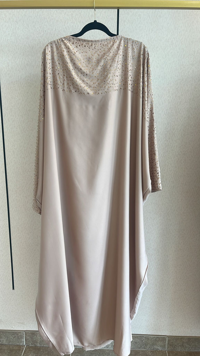 Beige Gold Trim Butterfly Abaya