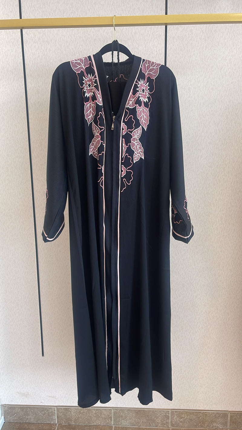 Black Pink Embroidery Abaya