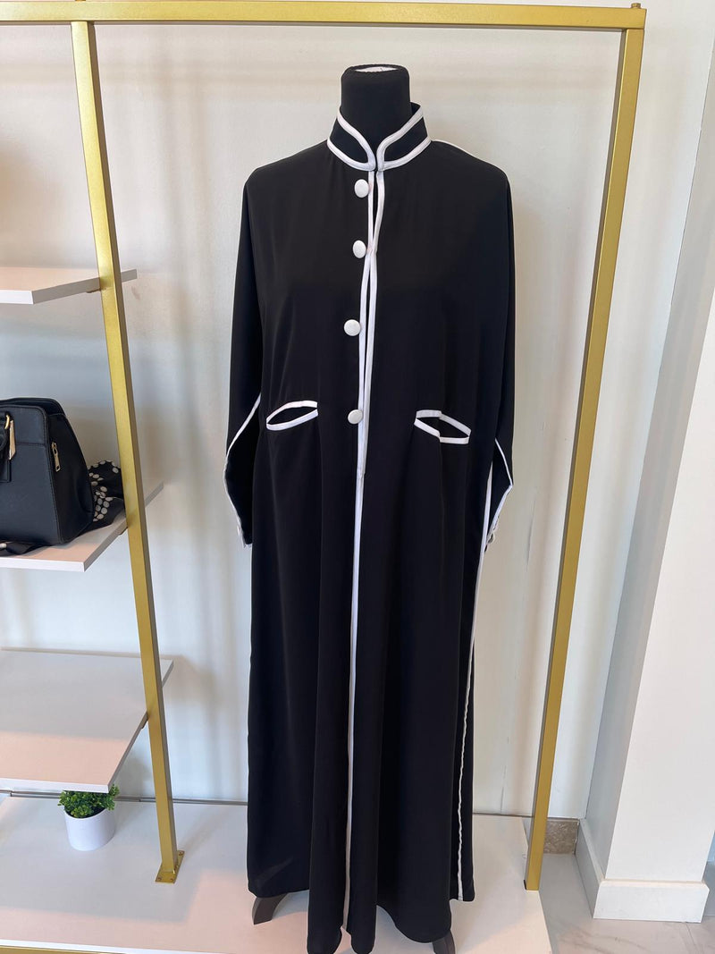 Black White Trim Buttoned Abaya