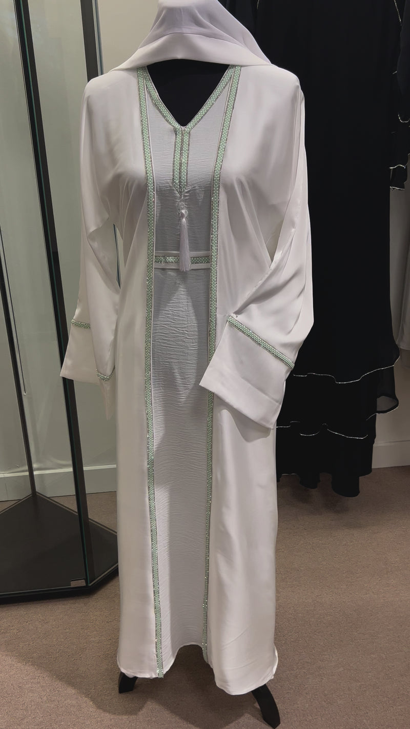 White Green Silver Trim 2 pc Abaya